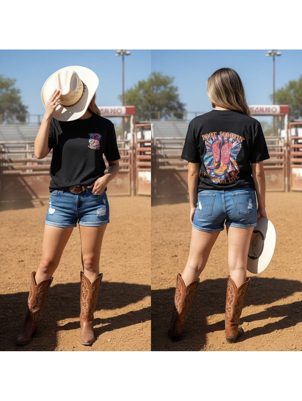 1986 - Black Graphic T-Shirt with Boot Scootin Design - XL
